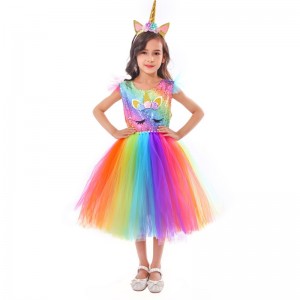 Princess Dress Colorful Rainbow Mesh Tutu Skirt with Headband for Girls