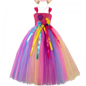 Girls Mesh Princess Dress Pink Flower Party Dress with Headdress