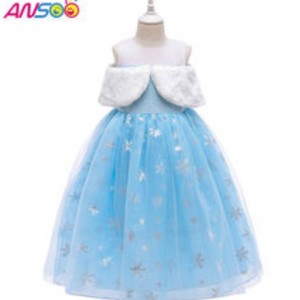 ANSOO2021 Children's Performance Elsa Fashion Girl Wool Collar Princess Dress Lovely Girls Costume