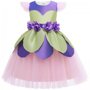 Flower Fairy Dress Girl Kids Purple Pink Patchwork Tulle Clothes Cute Flying Sleeve Child Stage Performance Costumes