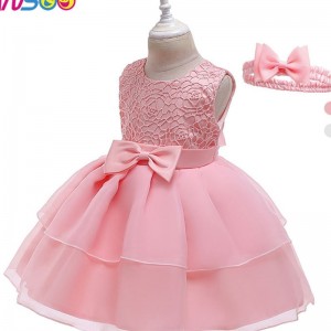 ANSOO New Children's Dress Bow Lace Dress Runway Princess Dress With Hairband For 3-24 Month Girls