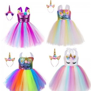 Kid Toddler Girl Birthday Ball Party Cosplay Costume LED Light Up Rainbow Unicorn Fluffy Layered Tulle Tutu Dress With Headband