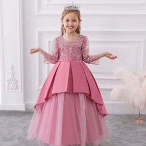 Baige Arab Lace Long Sleeves Princess Dress Summer Flower Girl Wedding Party Dress