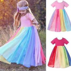 Little Girls Mesh Tulle Dresses Spring Summer Rainbow Beach Princess Dress Kids Children Short Sleeve Sundress Party Costume