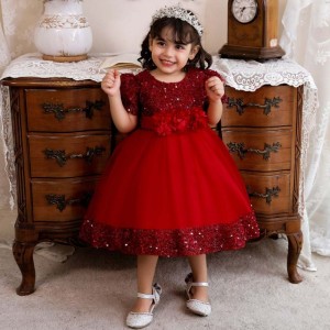 Baige Flower Girl Dresses 2022 Short Sleeves Sequined India Collection Floral Party Dresses