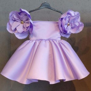 Baige Big Flower Kids Dress Pink Bridal Satin Party Baby Ball Gown Girls' Birthday Dresses With Bow On Shoulder