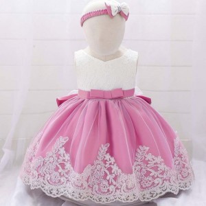 Baige Baby Girls Dress Designs Lace Flower Girl Small Kids Clothing First Birthday Party Dress With Headband