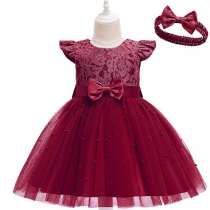 Baige Hot Sale Red Kids Clothes Girls Dresses Party Birthday Party Dress With Headband D0761