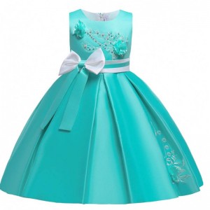 Baige New Design Flower Girls Embroidery Bow Dress Kids Wedding Evening Prom Ball Gown