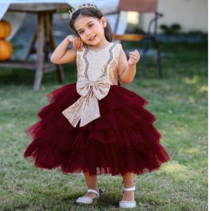 Baige Formal Occasions Sequined Bow Kids Party Dress Sleeveless Ball Gown Flower Girls' Dresses