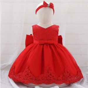 Baige Flower Girl Baby Dress Princess Gown With Headband Lace Red Bow Party Wear Kids birthday Dresses