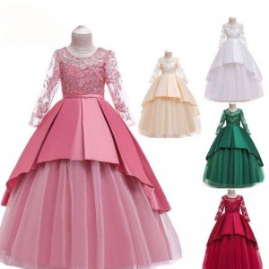 High Quality Baby Girls Party Frock Kids Evening Party Gowns Lace Long Sleeve Maxi Dress LP-233