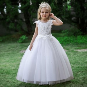 Baige 2022 Satin Cotton Wedding Dress Shiny Gown Flower Girl Dress Long Tail Lace Big Girl Dresses