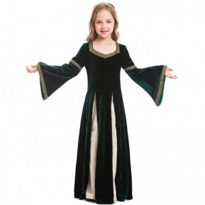 New Renaissance Retro Medieval Girls Musical Stage Costumes Dark Green Bell-Sleeved Long Witch Costumes