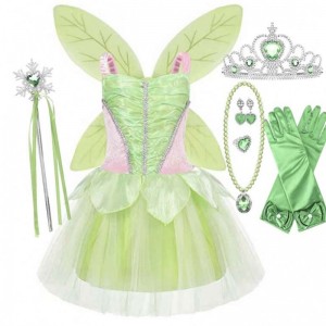 Halloween Cosplay Baby Girls Party Christmas Green Flower Fairy Tinker Bell Outfit with Butterfly Wings Sets HCTB-005