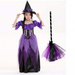 Carnival Party Mardi Gras Fantasia Child Kids Girl Fairytale Purple Witch Costume Kids with Hat HCVM-015