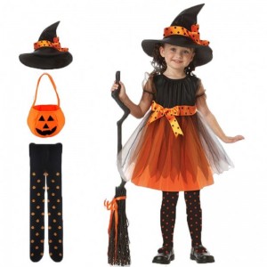 Witch Dress Clothing Set Hat Pumpkin Bag Pantyhose Children Girls Halloween Cosplay Witch Costume Teens Baby Girl Gown Infant