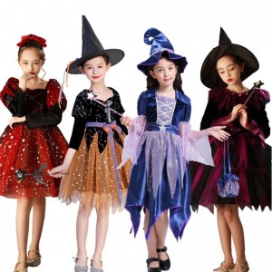 New Witch Costume Cosplay Girls Halloween Costume for Kids Christmas Children Princess Dress Winter Clothing with Hat