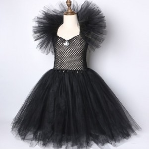 Kids Black Devil Tutu Costume Halloween Girls Fancy Tutu Dress with Feather Shawl Royal Dark Queen Maleficent Gown Dress