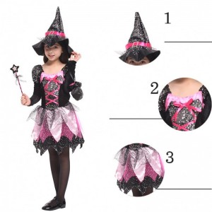 Kid Girls Wand Dress Up Clothes Halloween Witch Costume Sparkly Silver Stars Printed Cosplay Dress with Pointed Hat