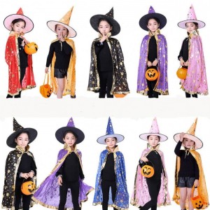 Children Halloween Costumes Star Wizard Witch Cloak Cape Robe with Pointy Hat Cosplay Props Birthday Party Mardi Gras Accessory