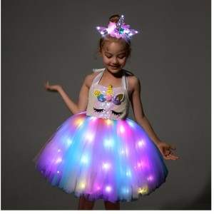 2022 Kids Girls Cute Unicorn Costumes With LED Light Up Dress For Halloween Birthday Party Gift Sleeve Frock Children Clothing