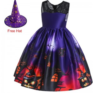 Children's Flying Sleeve Dress Halloween Princess Costume Ghost Print Dress with Hat