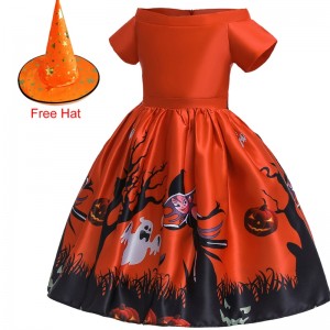 Amazon Halloween Children's Costume Cosplay Masquerade Printing Dress Performance Dress + Hat