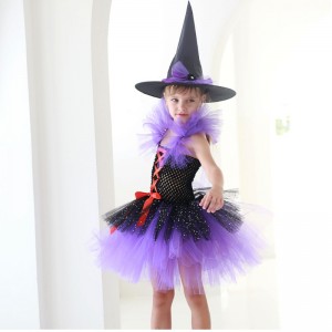 Amazon Hot Selling Tutu Witch Dress Costume for Girls with Witchy Hat Halloween Carnival Party