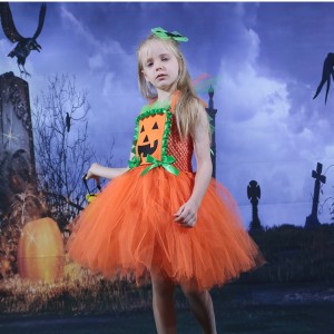 Amazon Hot Selling Kids Girl Halloween Dress Pumpkin Mesh Tulle Tutu Dress